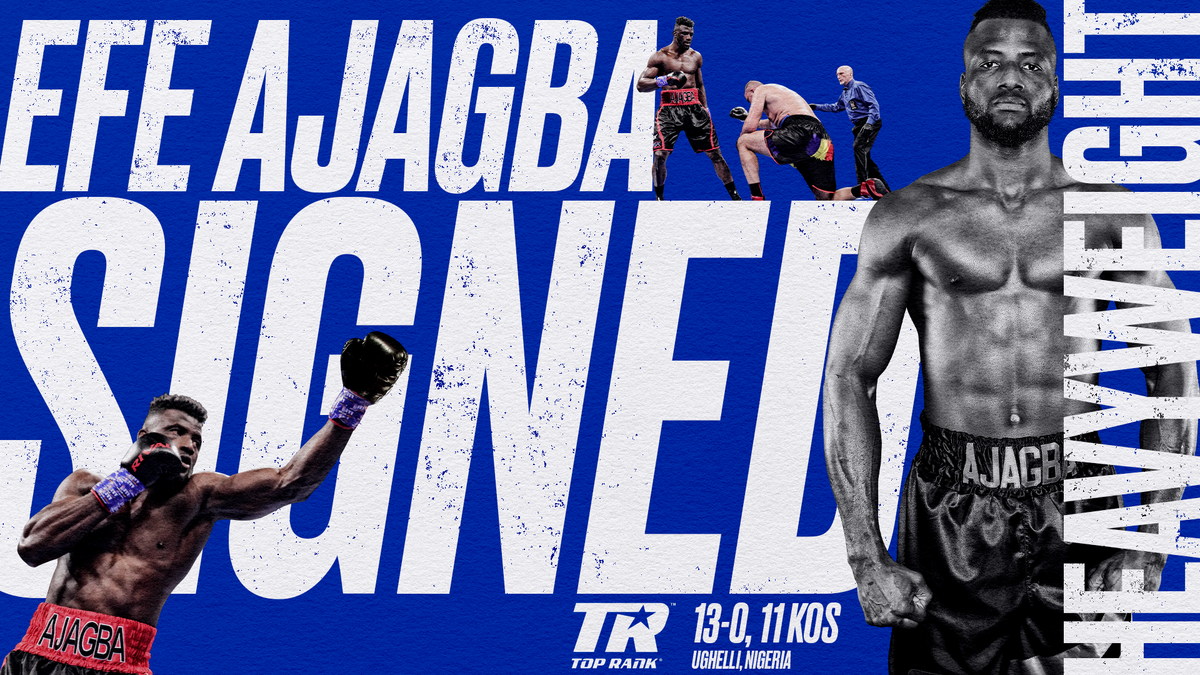 trboxing's tweet photo. Welcome to #TeamTopRank, Efe Ajagba!βοΈ
The undefeated KO artist has inked a long-term promotional contract with Top Rank and will make his TR x ESPN debut in 2020. Stay tuned for more details. https://t.co/SRUrB5Rumj