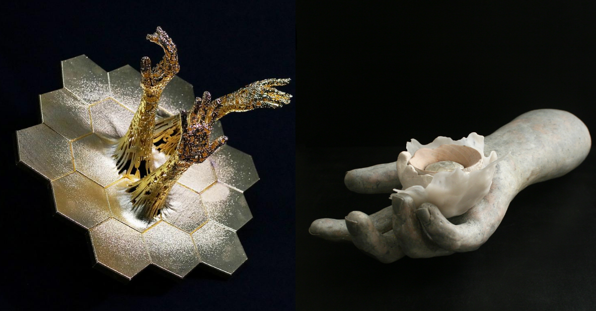 Left: #JWSTArt 3D printed sculpture titled “Exploration,” created by Ashley Zelinskie. This piece shows Webb’s hexagonal primary mirror, with three arms and hands extending out of the sculpture’s center. Right: Psyche Inspired mixed media sculpture called “Layers,” made by Monica Moreno. This piece shows a painted clay arm and hand holding a planet that has collided with another object.