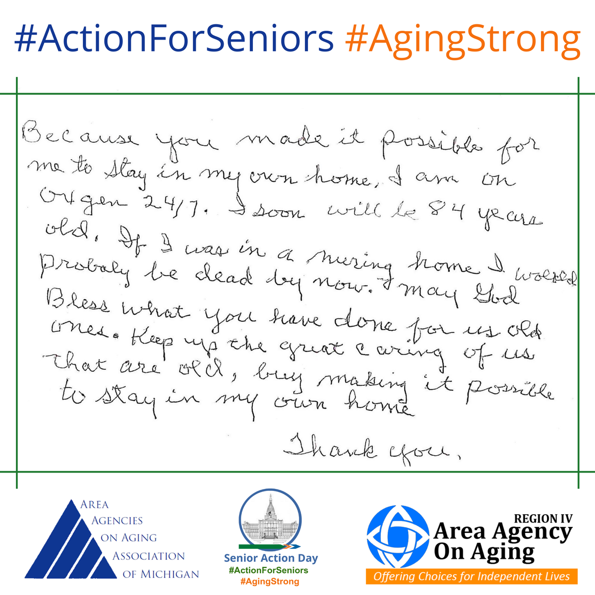 CampusAging's tweet photo. In June we asked AAA clients write our elected officials to let them know how important it is preserve services for seniors in the #2020Budget; especially during #COVID19. Thanks to everyone who made calls, sent emails & letters. #Advocate #InTheirOwnWords #MIChoice #AAAsAtWork https://t.co/Rfk3AiVQ53