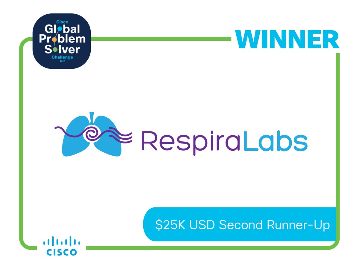 DrArtunduaga's tweet image. Out of 500 applications, @RespiraLabs won the Second Runner-Up Award (3rd prize) in the @Cisco #GlobalProblemSolverChallenge 2020!
Out of the 10 winning teams: 1) We're 1 of 2 teams led by a woman; 2) The only Latino team making the top 5; 3) The earliest-stage company awarded!