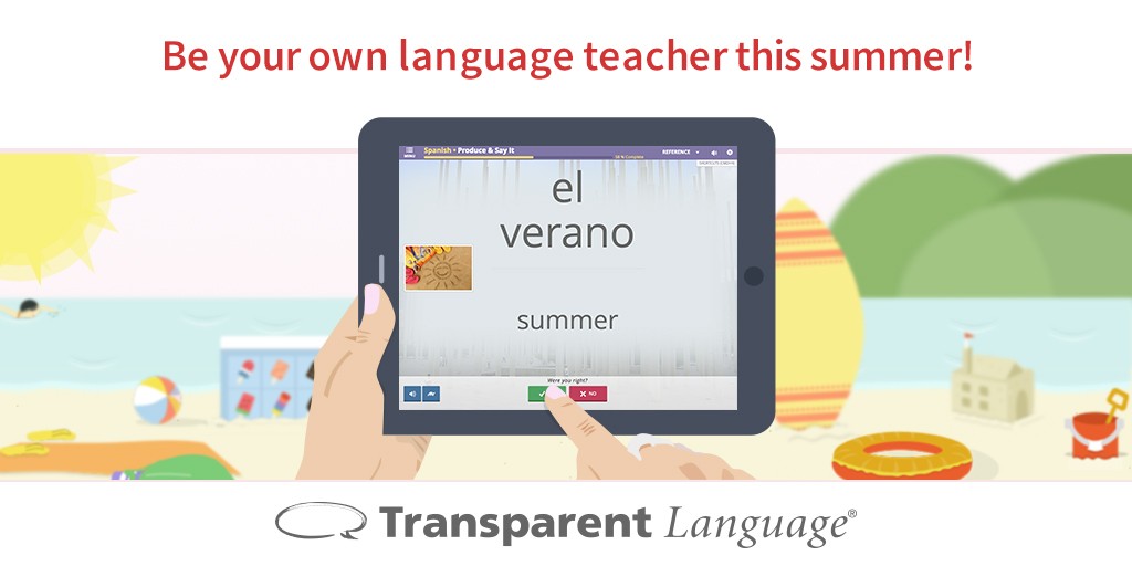 a cartoon illustrated picture of a person holding up a tablet featuring Transparent Languages. A beach scene is in the background