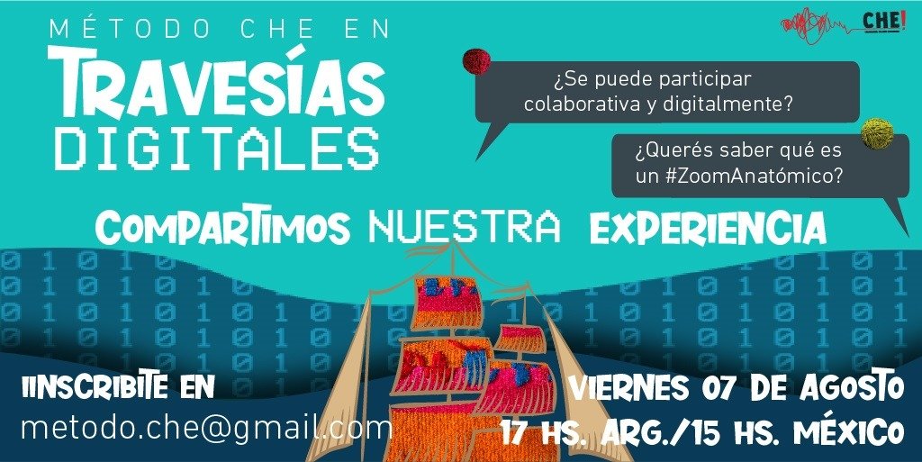 LabTucuman's tweet image. El viernes 07 a las 17 hs (ARG)/15 hs (MEX) compartimos #TravesíasDigitalesCHE: la experiencia de participación digital en la que adaptamos #MétodoCHE! #InteligenciaColectiva al espacio virtual 🧶

Te esperamos en el #ZoomAnatómico!
Inscribite en metodo.che@gmail.com