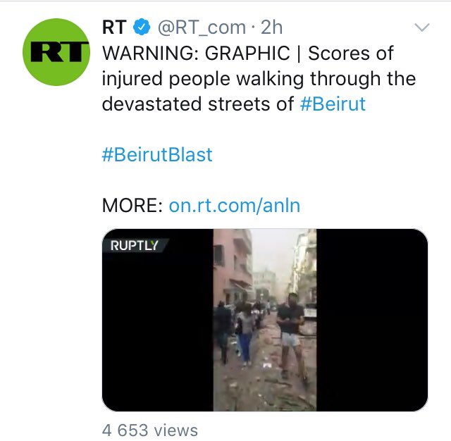 Otherwise on RT and Sputnik, relatively tame disaster coverage, light implications that Lebanon is tanking its own investigation. In interviews, the RT “experts” are often asked or imply that Beirut could be an attack, sure, why not? /4