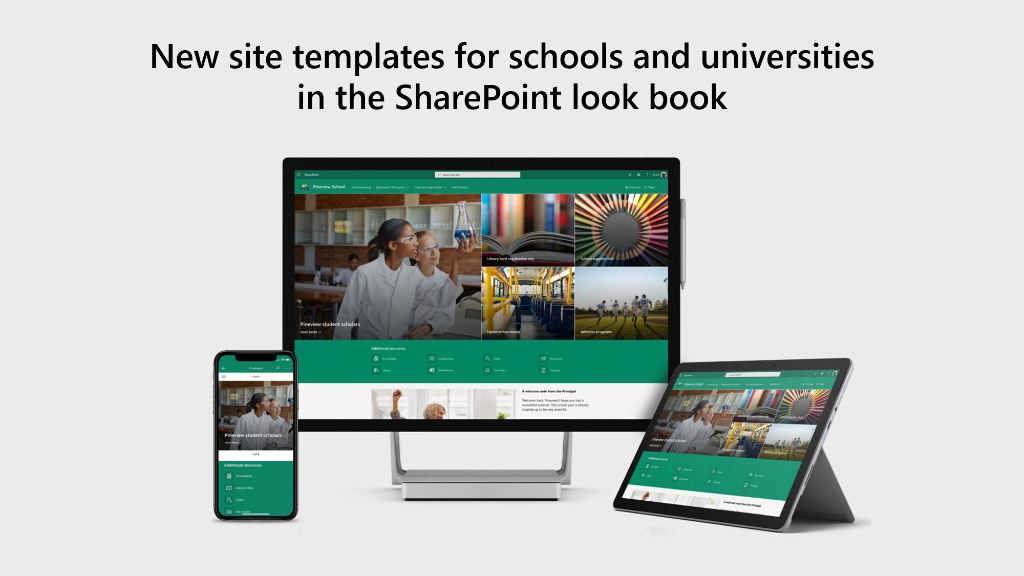 SharePoint's tweet photo. [Announcing] Site templates for schools and universities in the #SharePoint look book. Inform and engage students &amp; staff with #SharePoint sites. Check them out today: https://t.co/BxKuksvz2Z https://t.co/nypfk5xG6Z