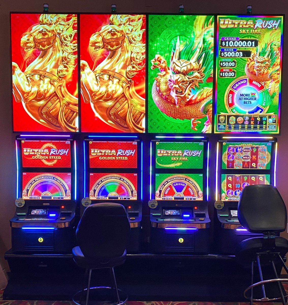 IncredibleGames's tweet photo. This newly installed bank of Infinity Skybox cabinets at @LeelanauSands Casino looks beautiful with the hottest new game family, Ultra Rush! With every-other chair removed, players can keep a safe distance while still winning big! π π π° #itsgames https://t.co/gZdjDrT1xS
