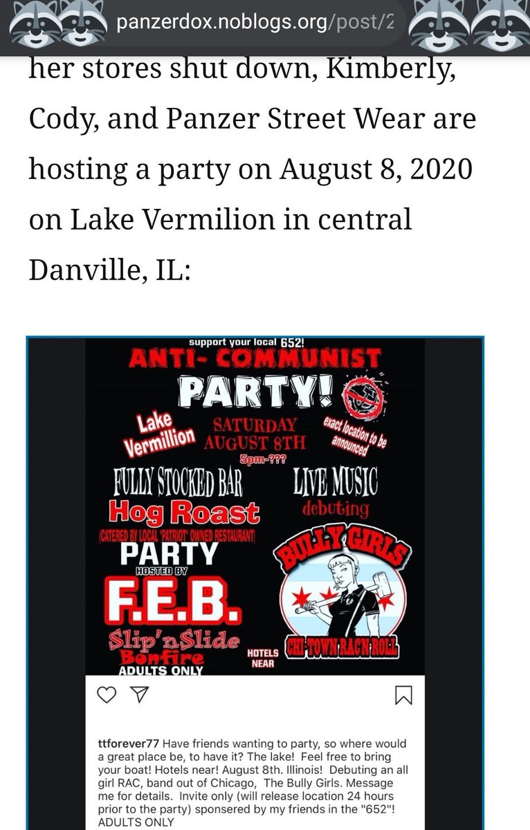 SATURDAY! White power lake party at  #LakeVermilion in  #Danville Illinois hosted by  #panzerdox all-stars Uber Frau herself, Kimberly Louise West & Cody Monroe Reynolds of Panzer Street Wear https://panzerdox.noblogs.org/post/2020/08/05/kimberly-wests-white-power-party-on-lake-vermilion-in-danville-il-at-5pm-on-8-8-2020/