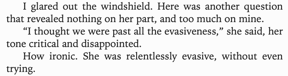 like 85% of this book is edward complaining about not being able to know everything about bella all the time because he can't read her mind, a thing that is true for literally every other person on the entire planet