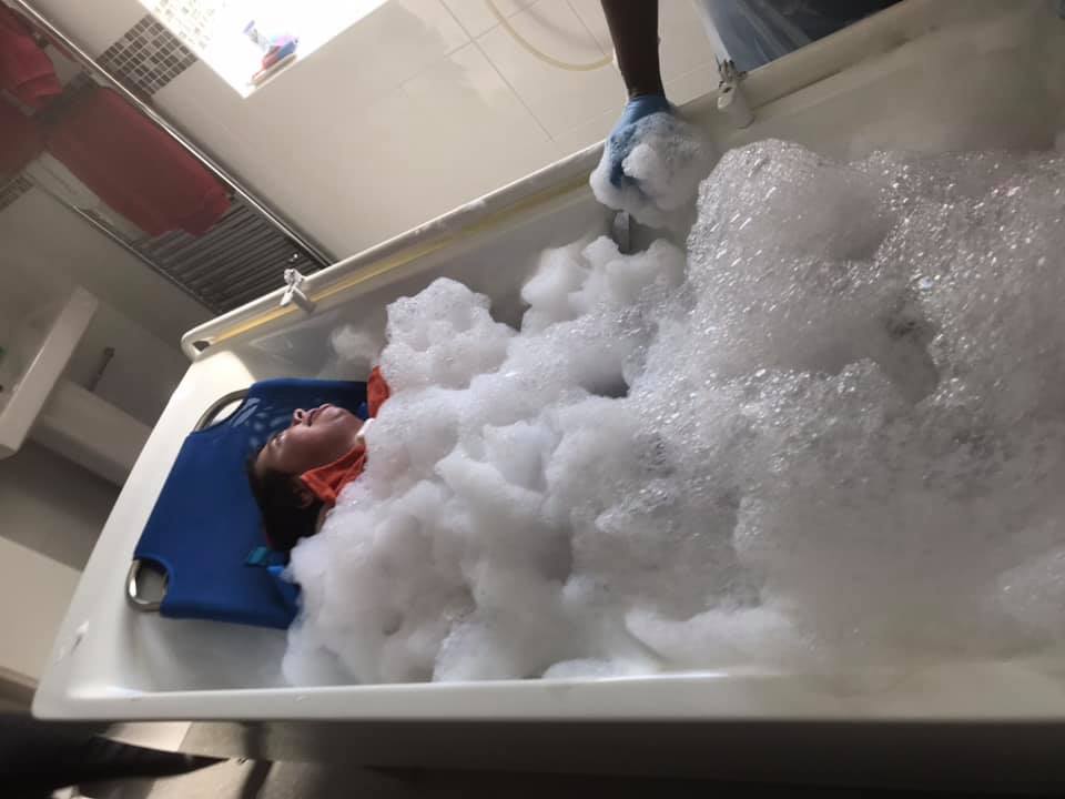 mikeysfund's tweet photo. A #lockdown  #multisensory bath for Mikey today in his spa bath with a little too much #badedas https://t.co/ijXrc987hB