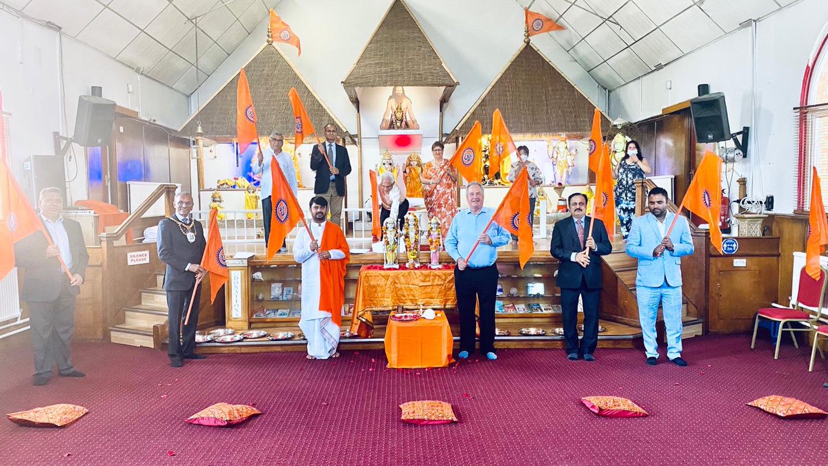 BobBlackman's tweet photo. Pleased to join friends at @uksiddhashram to celebrate auspicious occasion of laying of Foundation Stone for Shri Ram Mandir in Ayodhya by @PMOIndia after Aarti &amp; Bhagwa (Hindu) Flags, with prayers joined in by @gurudevrkp #HarrowMayor @AjayHMaru #RaviSharma #SatyaMinhas. 1/2 https://t.co/nBipiLW3on