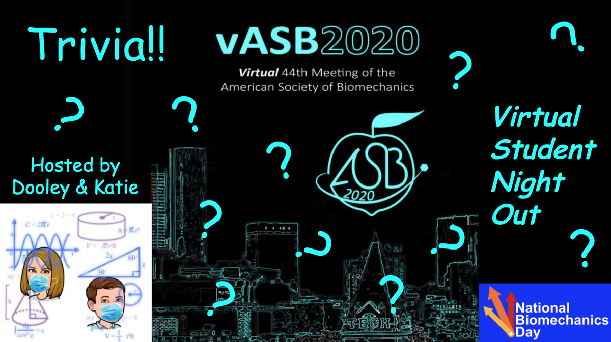 BiomecKatie's tweet photo. Hi #vASB2020 attendees, join us for live Biomechanics trivia tonight at 6 EDT! @RealDooley95 & I will read trivia questions @AmSocBiomech Facebook Live. Join a team at the #StudentNightOut Zoom event on the @ASB2020_ATL app. More info on how to play and join teams on Slack! https://t.co/aEwpcz75Oh