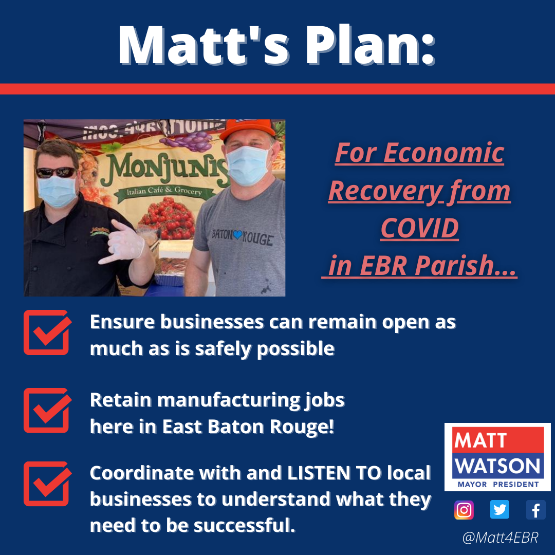 Matt4EBR's tweet photo. COVID has impacted #BatonRouge health &amp; way of life profoundly. On top of addressing the health risk, it is CRUCIAL for our entire Parish to come together to recover from its terrible economic damage.

For info on my #covid recovery plan &amp; more, visit ➡️ https://t.co/Q6NMHLE6M0 https://t.co/uOElSOgiV9