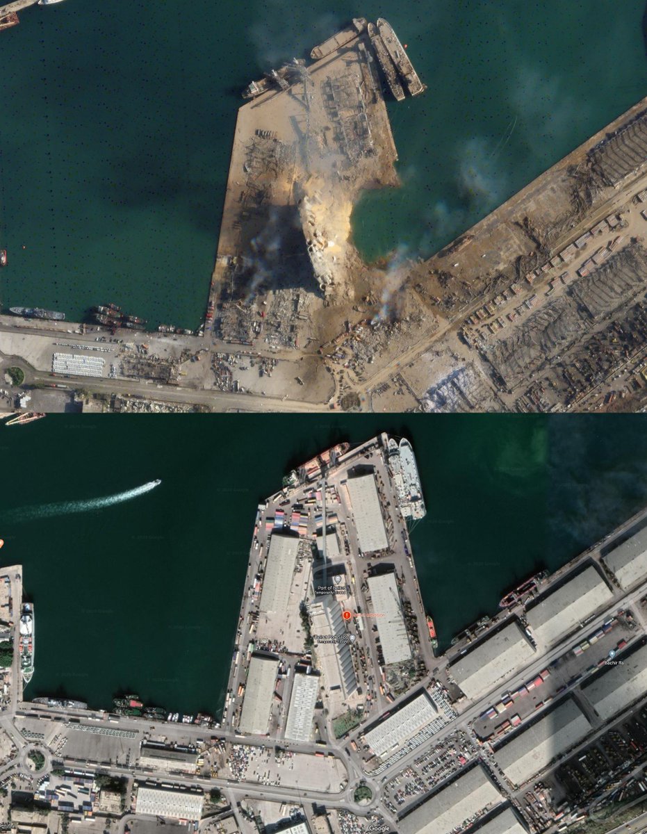 feelsounafraid's tweet photo. Made a side by side from satellite images of Beirut after the explosion, and before. 

#Beirut_Explosion #BeruitBlast https://t.co/soFWD4zjCc