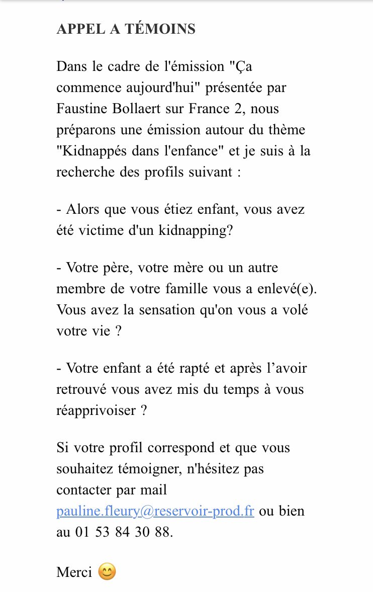 Appel à Témoins : 
Relais de l’#ACALPA - acalpa.info
#appelatemoin #emission #enfants #parents #kidnapping 
<a href="/PauYruelf/">Pauline Fleury</a>