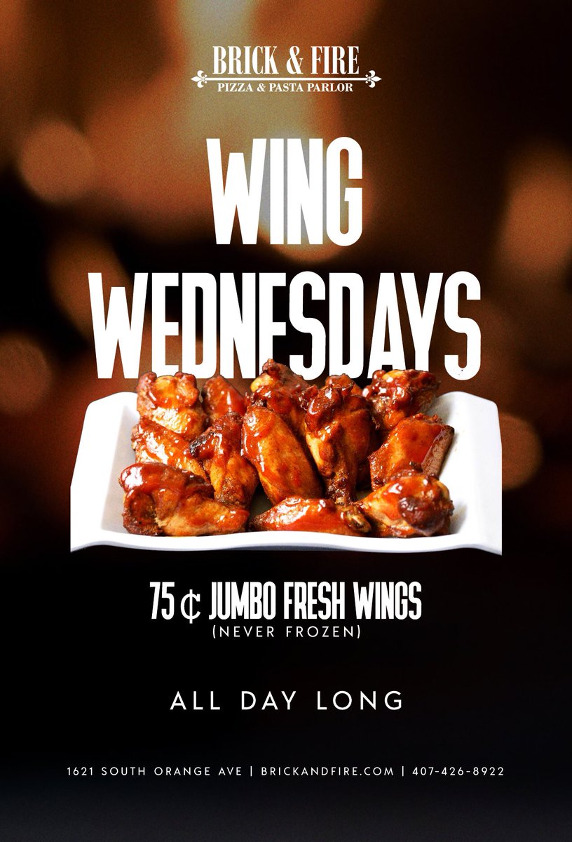 brickandfire's tweet photo. It’s Wednesday again you know what the means!! $0.75 fresh, never frozen jumbo wings ALL DAY! Available for Dine-in, take-out and delivery!
As always it’s our pleasure to serve you!

#pizza #downtownorlando #orlando #smallbusiness #supportsmallbusiness #supportlocal #deals https://t.co/zfFPMkT4fL