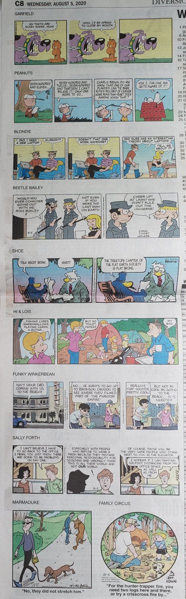 On today's Funnies Page, only Sally Forth seems to exist in 2020 COVID-19 America. (I guarantee the local paper is getting complaints.)At least Classic Peanuts has the excuse of being from 1973Hi & Lois' TP problem stems from carelessness, not a pandemic-related shortage.