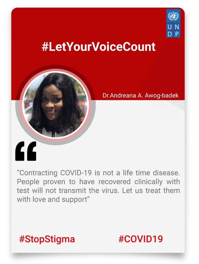 UNDPGhana's tweet photo. Let us treat recovered #COVID19 persons with love and support~ @DoctoraBadek has joined the #LetYourVoiceCount challenge to #StopStigma against those who recovered from #COVID19 and their families. https://t.co/s5Ep5DzKly