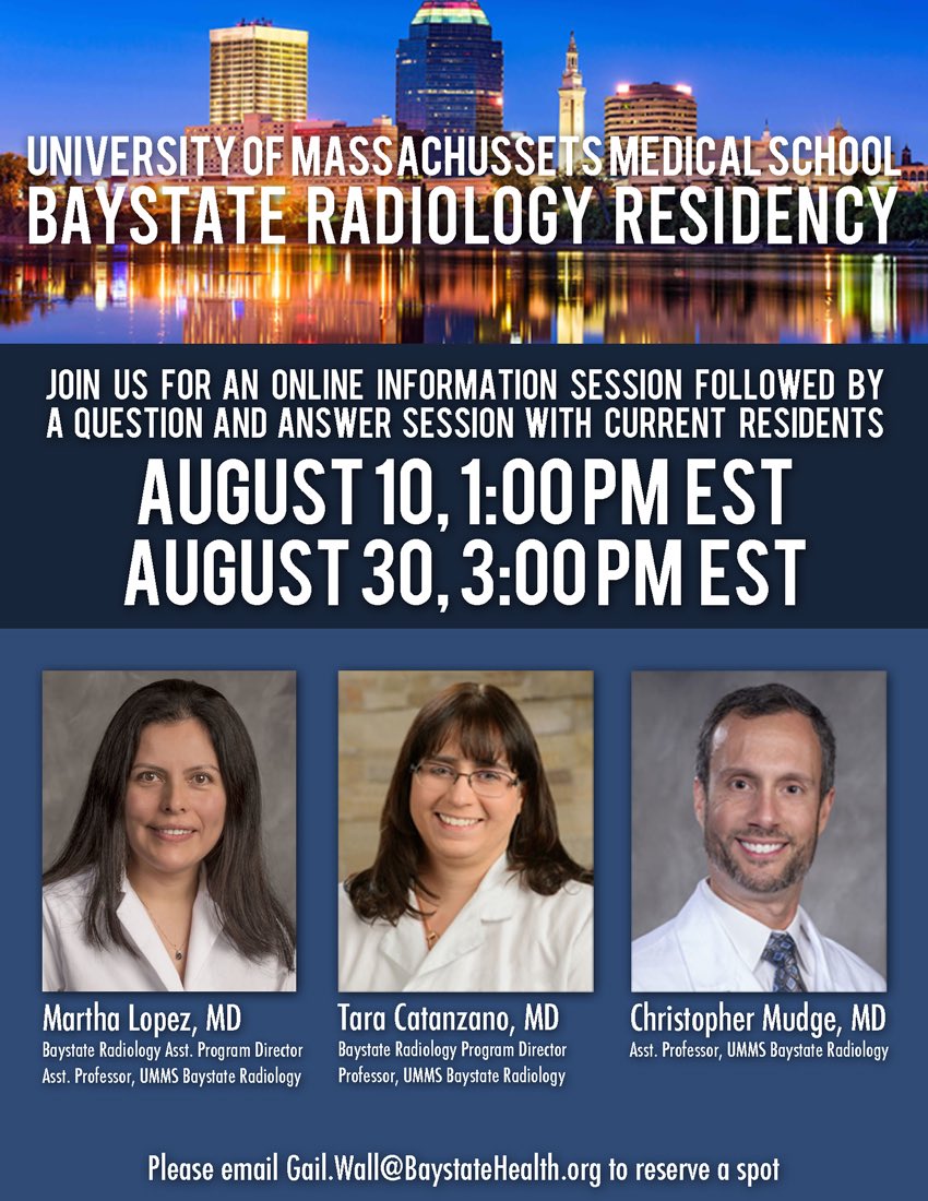 Want more information about <a href="/BaystateRadRes/">UMass Chan - Baystate Radiology Residency</a>? Join one of our info sessions &amp; meet some of our residents <a href="/futureradres/">Future Radiology Residents</a>