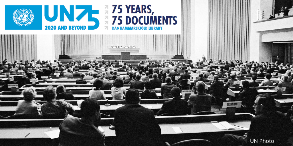 UNLibrary's tweet image. The Treaty on the Non-Proliferation of Nuclear Weapons, adopted by the @UN General Assembly in 1968, has been ratified by more countries than any other disarmament agreement. Read more about this landmark document in the #UNLibrary&apos;s online exhibit: research.un.org/en/UN75/1966-1… #UN75