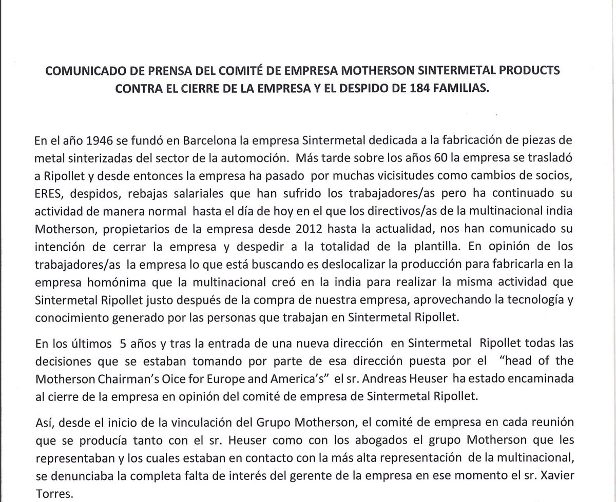 JoanTarda's tweet photo. Adjunto comunicat del Comitè d'Empresa de Motherson Sintermetal a #Ripollet 184 llocs de treball amenaçats pel tancament. Feu-lo córrer. Solidaritat! https://t.co/ky5XqN9KCj