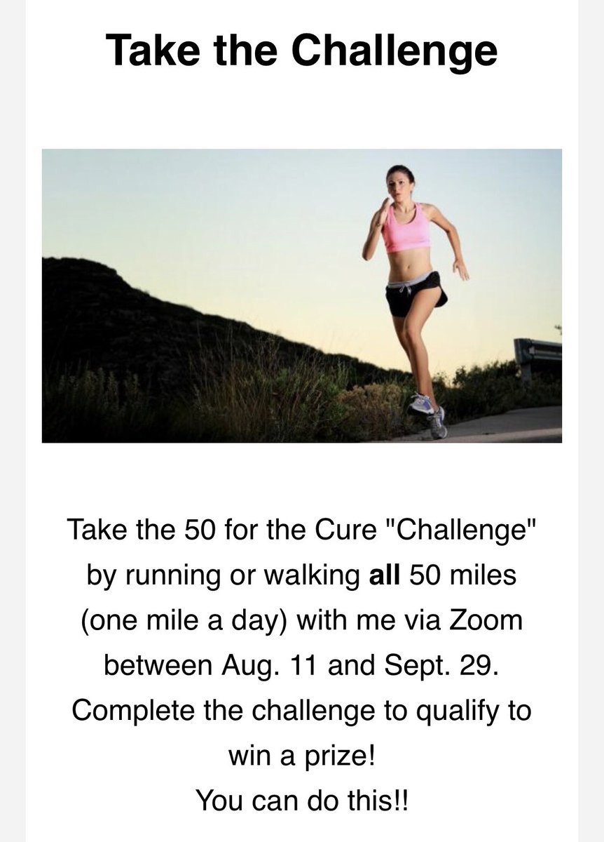 Take the “50 for the Cure” Challenge!Starting Tues., Aug. 11. Register now at 50forthecure.org/challenge 
Nominate someone to join you!
#50fortheCureChallenge #50forthecure #breastcancerawareness
#savinglives