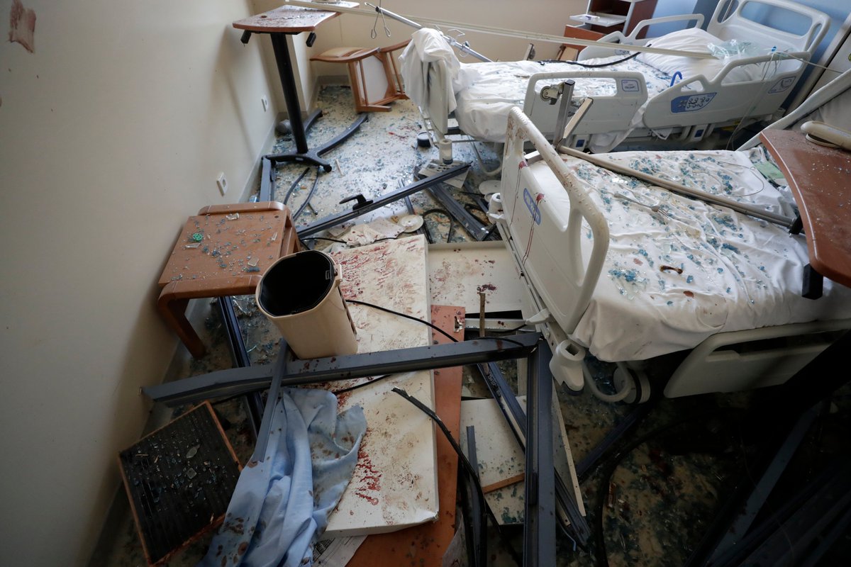 2 hospitals in  #Beirut were destroyed by the blast. Medics had to evacuate patients on stretchers using stairs.At least 5 nurses died.They were already overwhelmed by the virus. Some had to treat victims on the street: "We stitched up patients by the light of our cellphones."