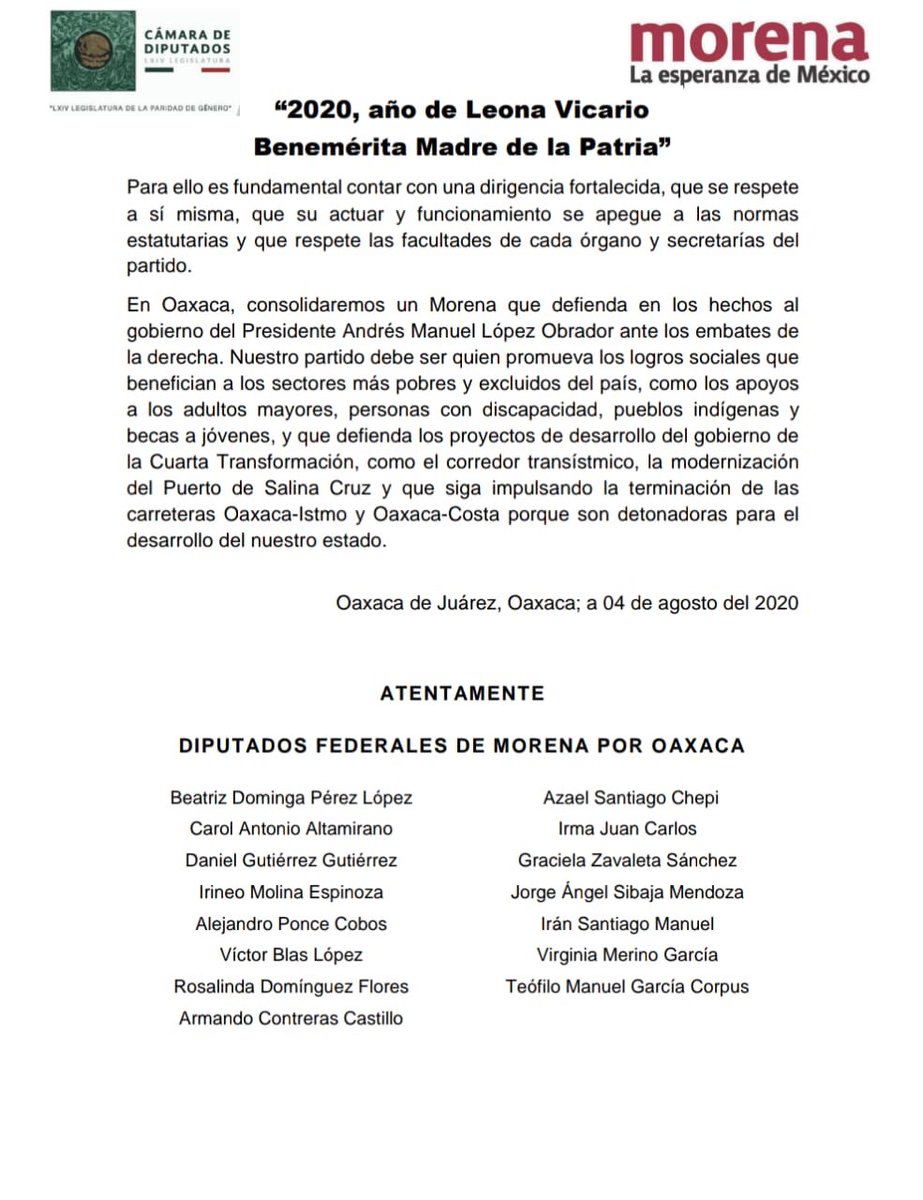 Por un MORENA-OAXACA Unido, incluyente y que defienda las causas de la gente.