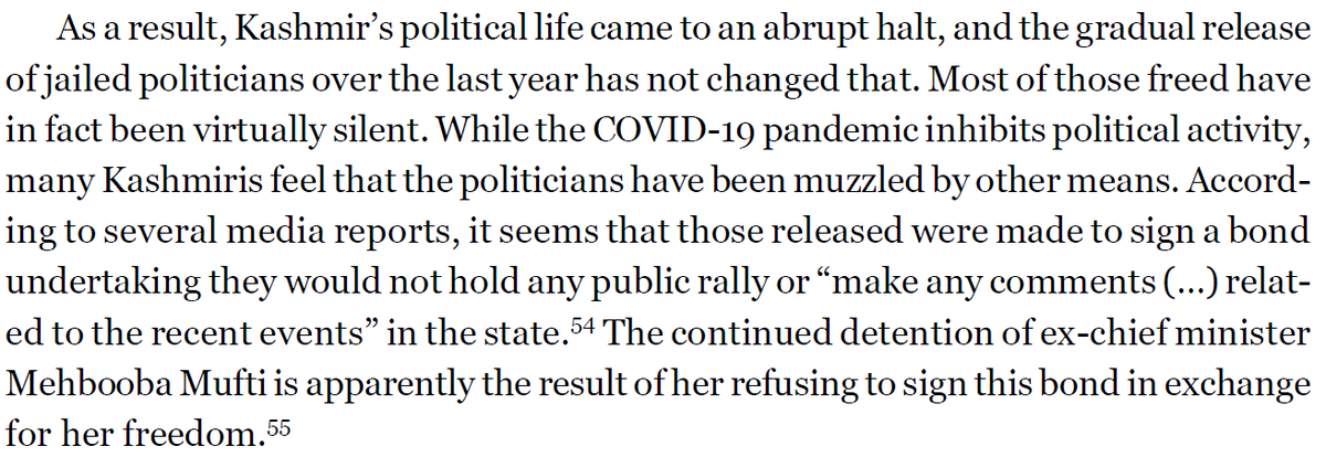 On politics in Kashmir, it notes that the Indian crackdown over the last year has brought mainstream, pro-India politics to a halt. Significantly, there is disillusionment with the valley's separatists, who have been unable to show "any sign leadership."