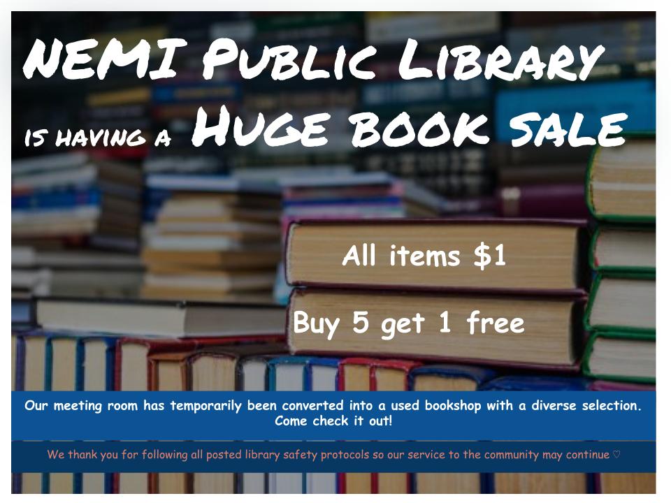 NemiLibrary's tweet image. Our HUGE BOOK SALE is still going on and we are adding more books regularly!  We have more children's books now for those who were asking too.  

Available during regular library hours: 
Tuesdays - Saturdays 10 am to 5 pm except Thursday 10 am to 8 pm