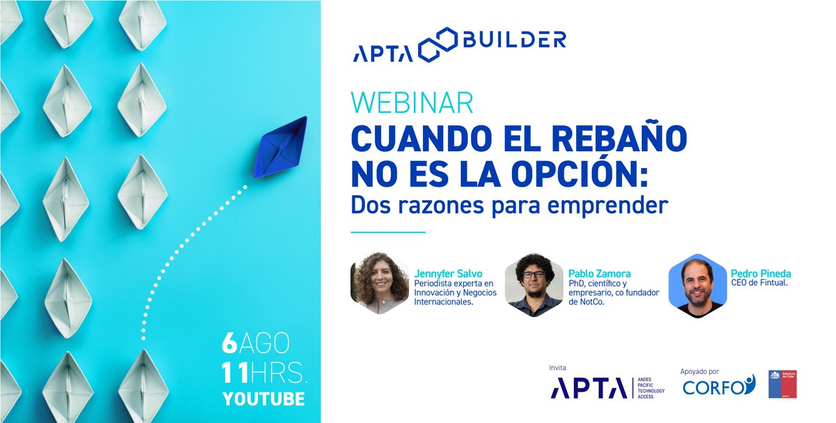 Hub_APTA's tweet photo. [✨WEBINAR #APTABuilder] Mañana 6/8, a las 11AM🕚acompáñanos en: "Cuando el rebaño no es la opción: Dos razones para emprender", con @JennyferSalvo, #PabloZamora y #PedroPineda.

¡Te esperamos!😉Conéctate▶️https://t.co/UJGpOGCu0h https://t.co/Kag6Q3EpS8