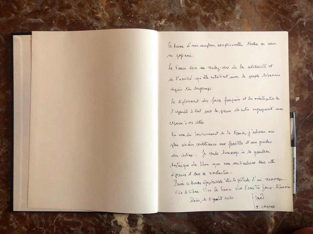 Le Premier ministre français <a href="/JeanCASTEX/">Jean Castex</a> accompagné du ministre de l’Europe et des Affaires étrangères <a href="/JY_LeDrian/">Jean-Yves Le Drian</a> à l’ambassade du Liban pour signer le livre de condoléances et témoigner du soutien indéfectible de la France au Liban et au peuple libanais.