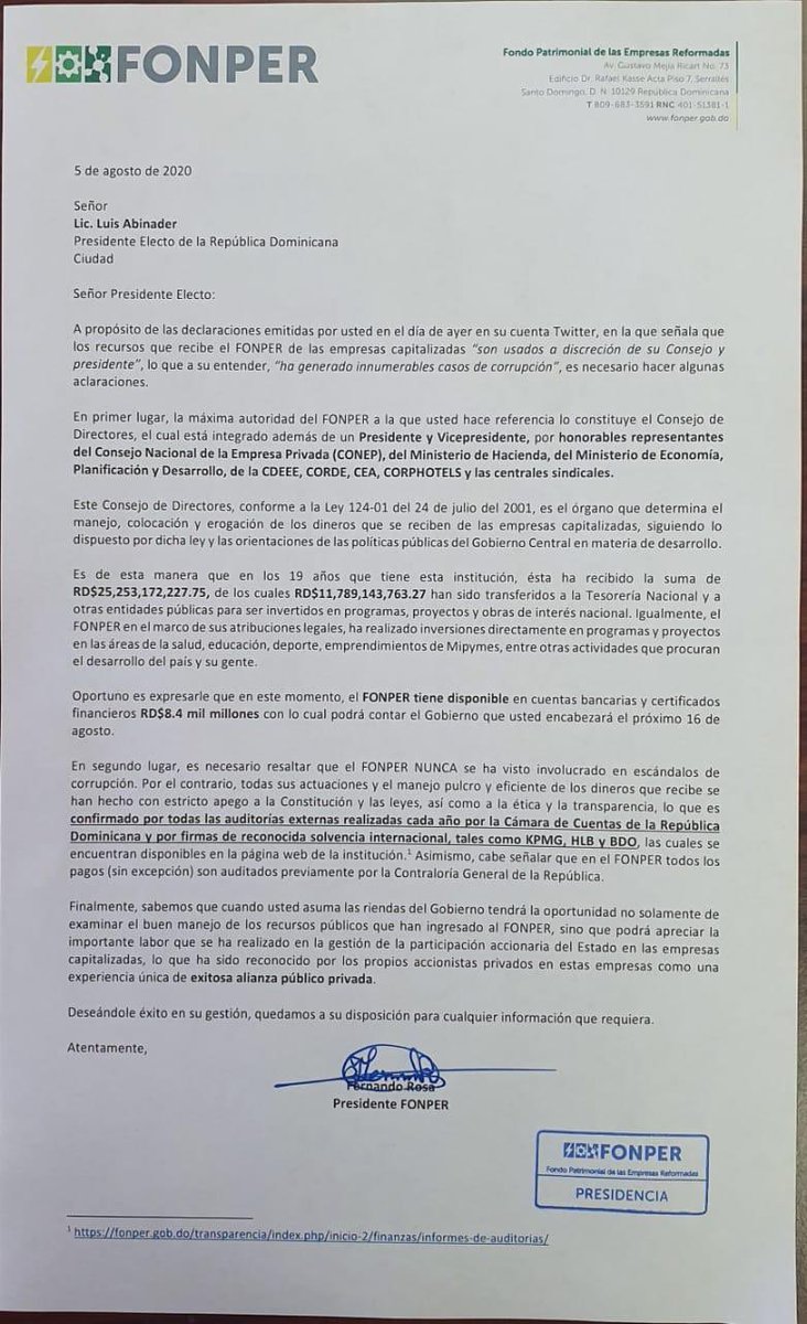 Con mucho respeto me dirijo al Presidente Electo <a href="/luisabinader/">Luis Abinader</a> , por las declaraciones hecha en su cuenta de Twitter en el día de ayer. 

Espero que esto aclare la duda que se dejó visto en el Tweet que usted hizo.