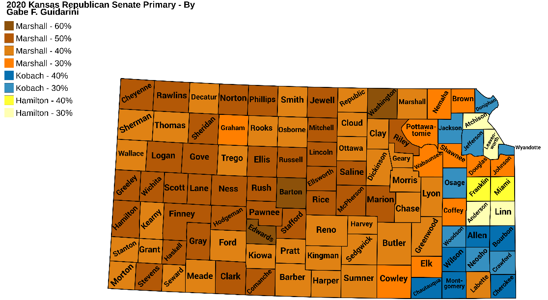 Analysis time. Here are the official results for the GOP Kansas Senate Primary, side by side with the results if Kobach and Hamilton (the two most Right-Wing candidates) had their votes combined. K/H combined wins with 45%, beating Roger Marshall's 40%.