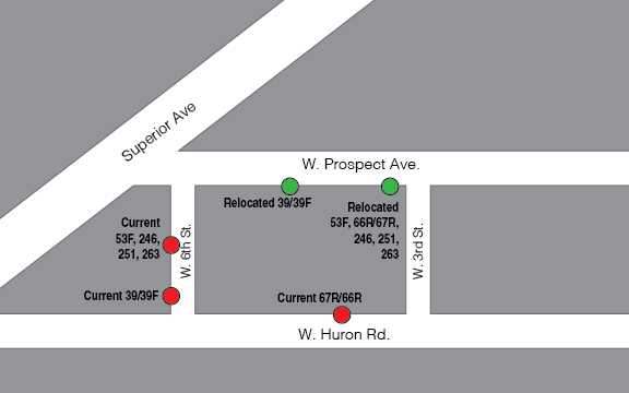GCRTA's tweet photo. Monday, August 10, #39/39F, #53F, #246, #251 and #263 will return to regular route with stops on W. Prospect at W. 3rd. These buses were rerouted in February due to ODOT street construction. https://t.co/HqmfHWMExs https://t.co/JXPyTT6EaA