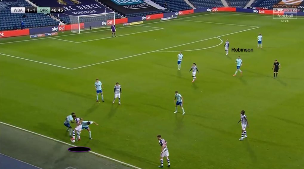 The 22-year-old adapted well to the physicalities of the Championship. His ability to manoeuvre out of tight situations creates space to deliver his final product. As you can see from this sequence against QPR:- Boxed in by two players- Gets past them both & sets up Robinson