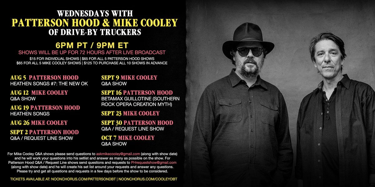 Wednesdays with <a href="/pattersonhood/">Patterson Hood</a> and Cooley. 🤘

Grab a package deal today for best bang for your buck 💲 

Patterson's first show is TONIGHT!

🎤 noonchorus.com/pattersondbt

🎸 noonchorus.com/cooleydbt