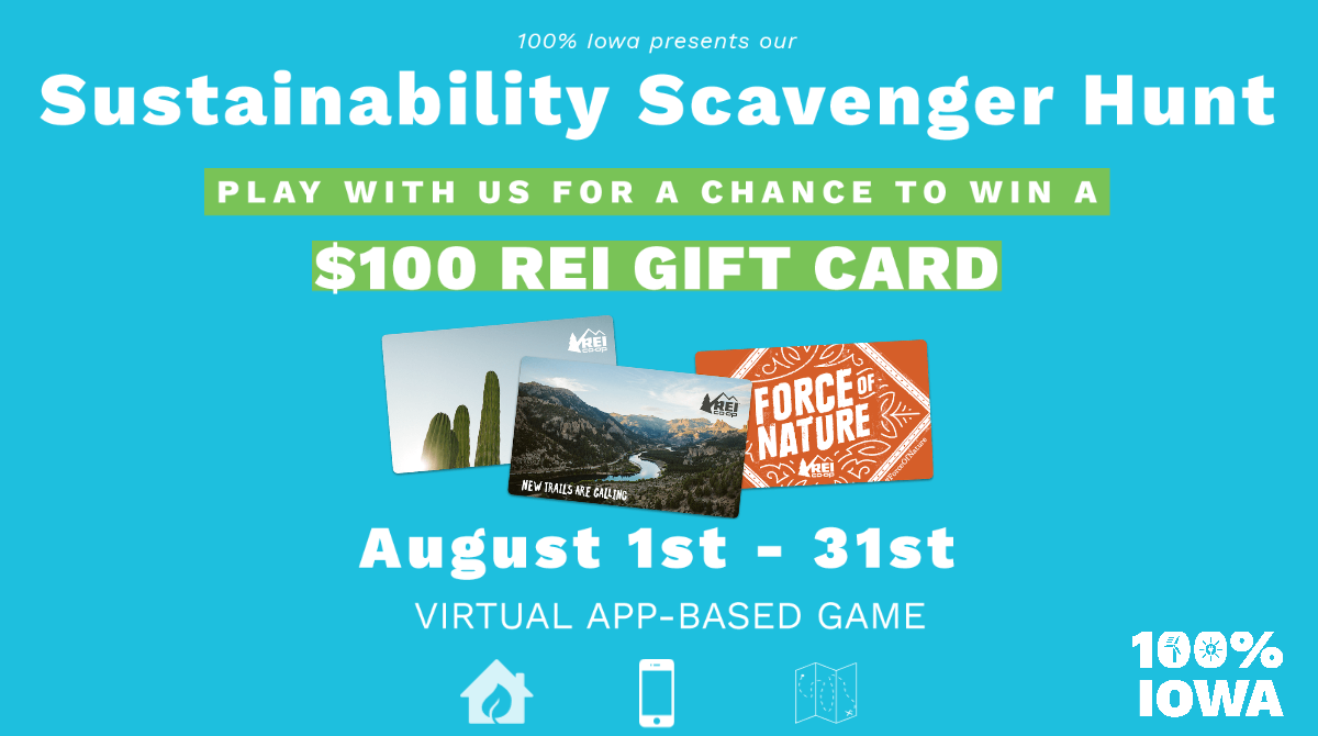 100percentIOWA's tweet photo. Have you signed up for our Sustainability Scavenger Hunt yet? Well if you haven’t, what are you waiting for? Don't miss this chance to win a $100 REI gift card by completing fun "missions" & accruing enough points! Sign up here: https://t.co/0PTkZK0zVd
#HuntFor100 #IA #Iowa https://t.co/eyX61CZnAy