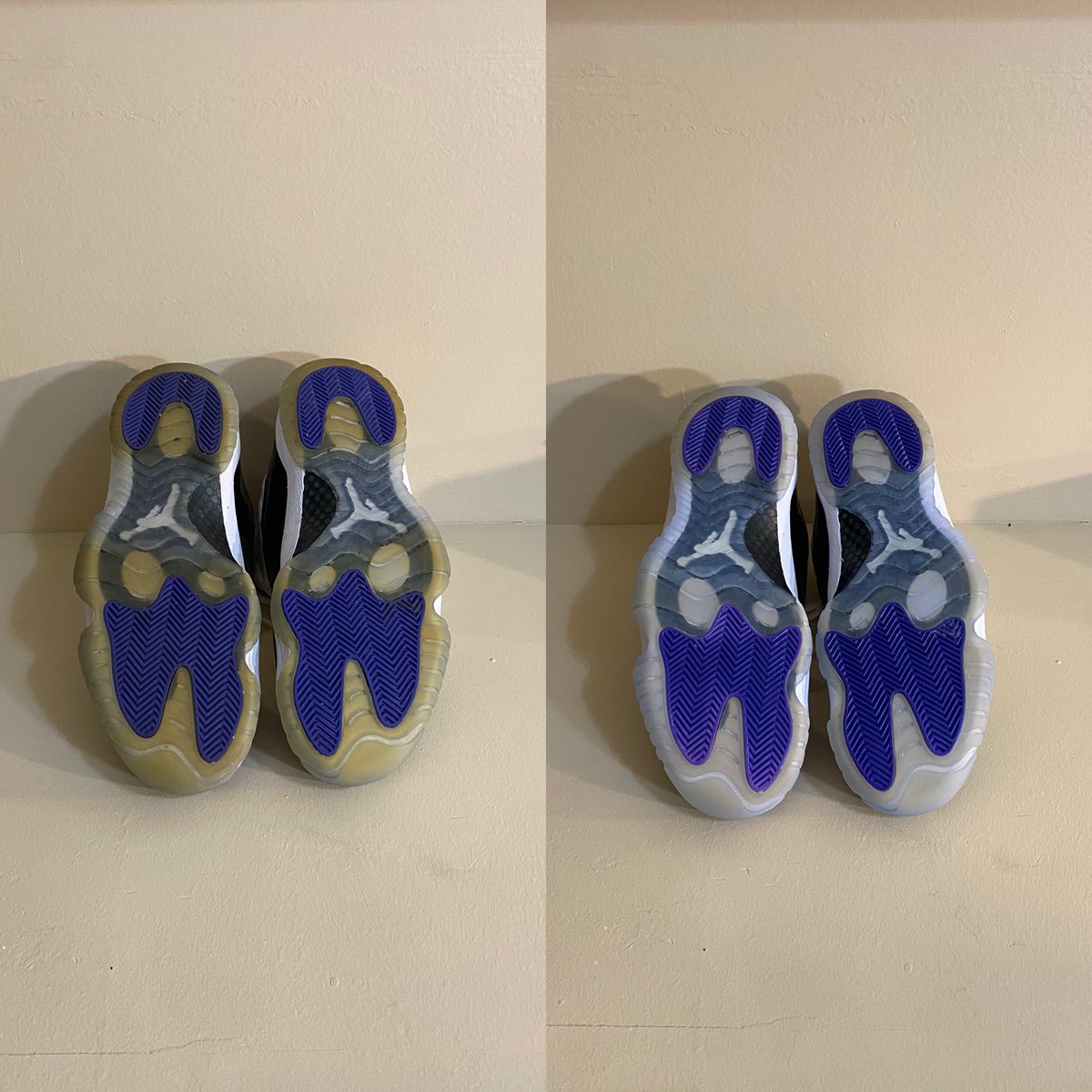 Kickssalvation's tweet photo. Concord 11s ⚫️⚪️ sole revive. Icing the soles service was done to reverse the yellowing of the soles. Can you tell the difference? #Kickssalvation👟 #Chicago10s #Soleswap #deepclean #Shoeclean #laceclean #DMV #NYgotkicks #kicks4kicks #kicks0l0gy #dmvrestoration #dmvshoe https://t.co/smH0odWJ2d