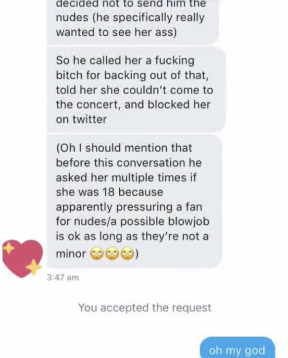 Sexual coercion allegations: a while ago, an anonymous user sent these DMs to a fan account for them to add to their thread about Charlie’s past. The resulting tweet of these claims circulated widely, even making it to the YT video, while Charlie Puth has yet to acknowledge them