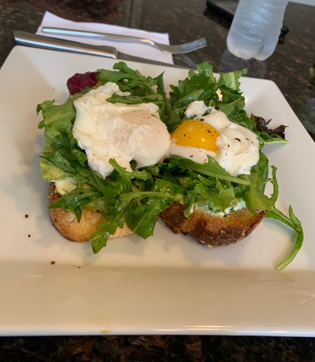 ChefVictorUSA's tweet photo. Toasted ciabatta bread layered with avocado spread, mascarpone cheeses with green onion, topped with two poached eggs and lemon drizzled spring green. Good shit! #cookthisAmerica https://t.co/daMeA69asb