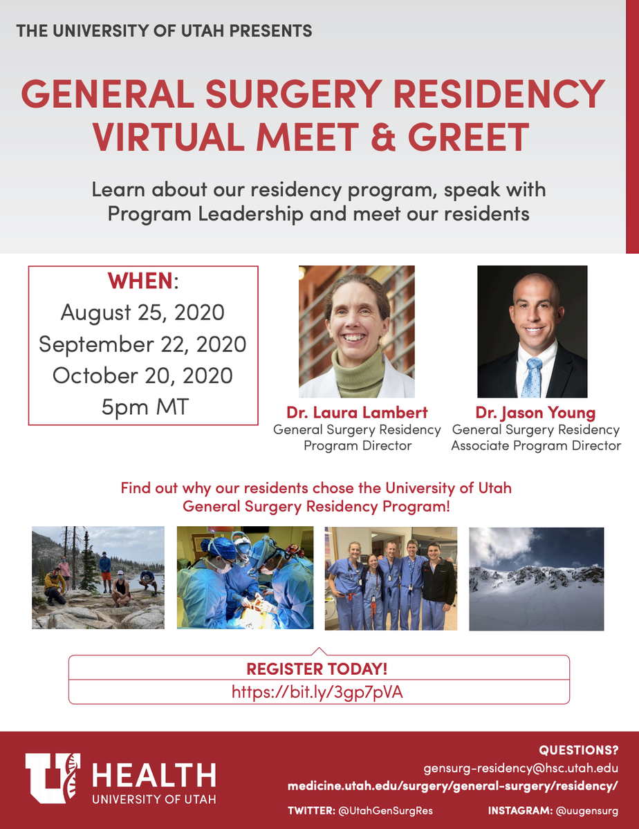 UtahGenSurgRes's tweet photo. Applicants! Join us for a virtual meet up with @UUtah Dept. of Surgery PGY &amp; the PD office @UofUOSE #MedStudentTwitter #MedTwitter #Utah https://t.co/8ld6PLPVMv