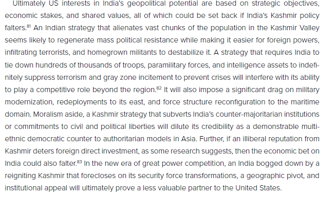 Based on the above and more, they lay out the stakes of the situation in Kashmir for US foreign policy. Main takeaway: "In the new era of great power competition, an India bogged down by a reigniting Kashmir...will ultimately prove a less valuable partner to the United States."