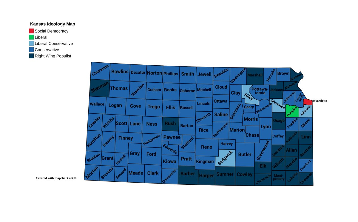 It also matches up neatly with my Kansas ideology map from two days ago. I even got Sherman county right, as I inferred it to be RW populist based on Trump swing percentages, and it also was the only west KS county to vote for the K/H combined vote. Does anyone know what's there?