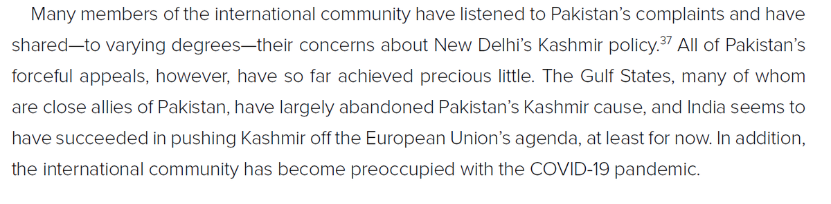 On Pakistan's strategy, he argues that the main thrust of Pakistani state effort is to "Kashmir-shame" India and enlist international support for it but the results are limited -- for example, the Gulf countries have abandoned Pakistan's Kashmir cause.