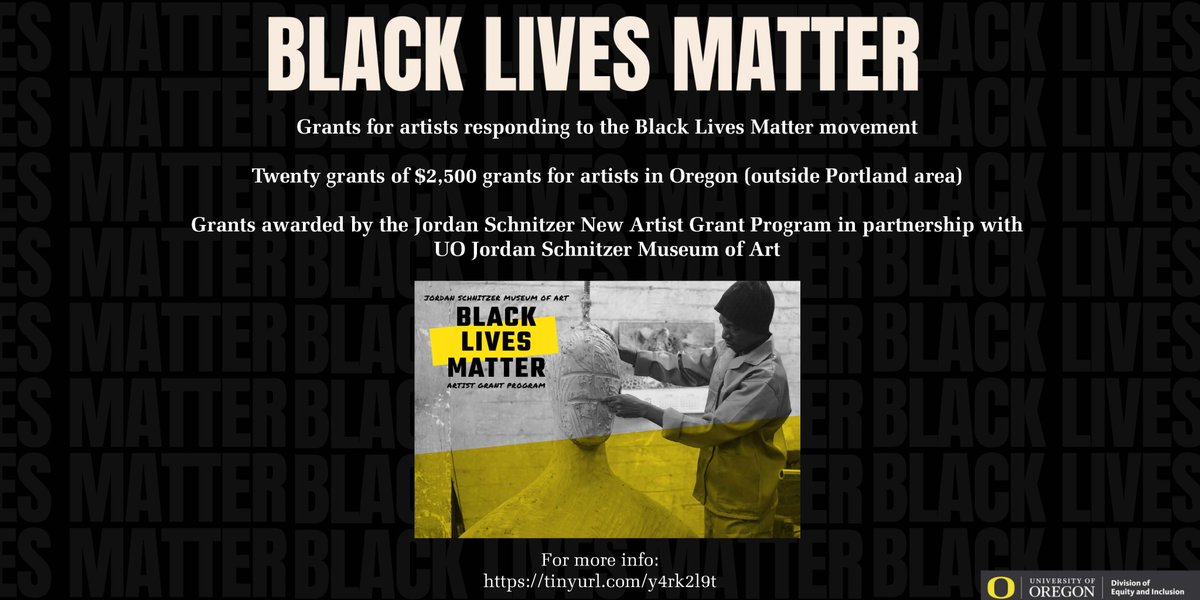 UOEquity's tweet photo. Twenty grants of $2,500 for artists in Oregon (outside of Portland area) who are responding to the Black Lives Matter Movement. Awarded by the UO JSMA. For more information, go to this link: https://t.co/fbghtbbj6O #JSMA #BlackLivesMatter #OregonArtists https://t.co/72bWcXj0fA