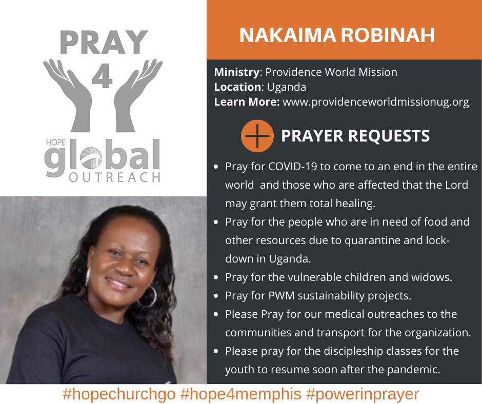 HopeChurchGO's tweet photo. PRAY4GO Weekly Partner Prayer. Join GO and Megan Broadstreet in prayer for our Robinah and Providence World Mission in Uganda. #hopechurchgo #hope4memphis #powerinprayer https://t.co/wmENqNAfPX