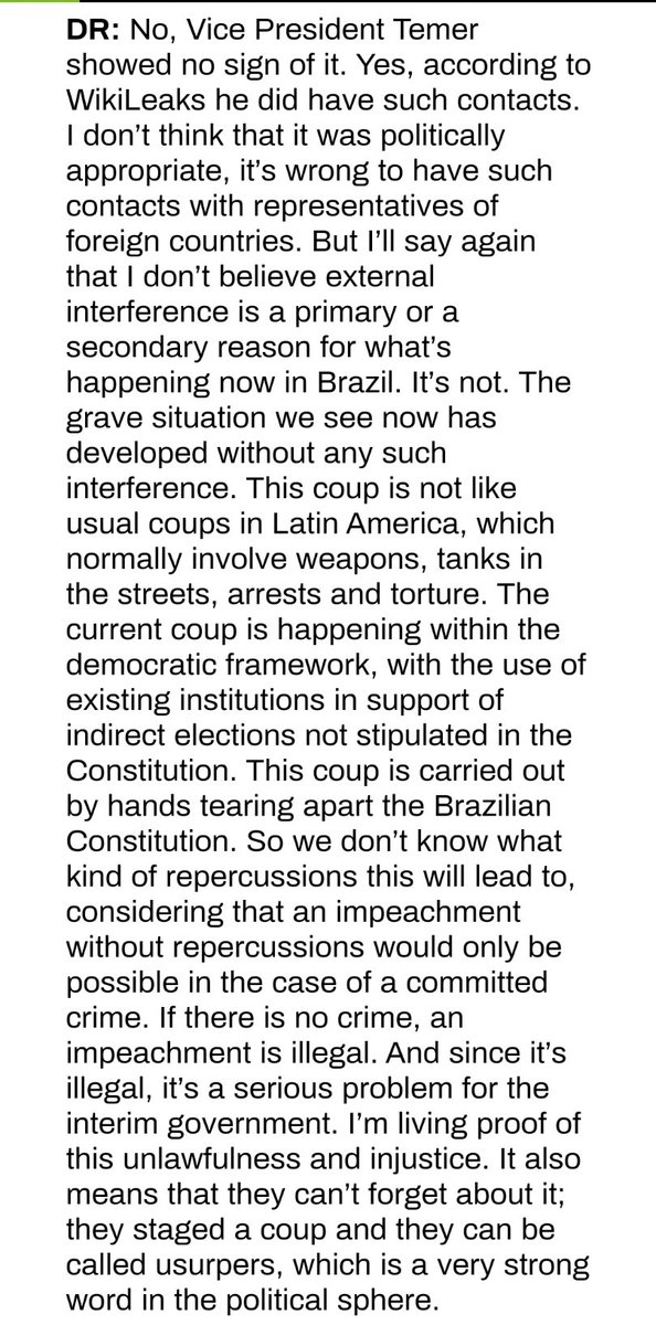 I forgot to mention in her interview with RT in May 2016 *as the coup to install Temer in power is ongoing* Dilma defends his time as a US embassy informant and ensures us his history has no relation to the ongoing coup.