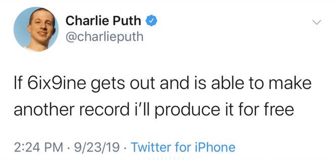 Charlie Puth also shared that he would produce alleged peodphile (and almost registered sex offender) 6ix9ine’s next album for free once he was released from prison, and later liked his Instagram post about chart manipulation