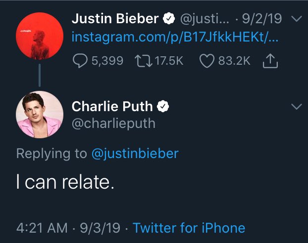 When Justin Bieber (who, in addition to facing several allegations of abuse, has worked with R. Kelly and is managed by Scooter Braun) shared an Instagram message where he admitted to being abusive, Charlie Puth responded on Twitter with “I can relate”