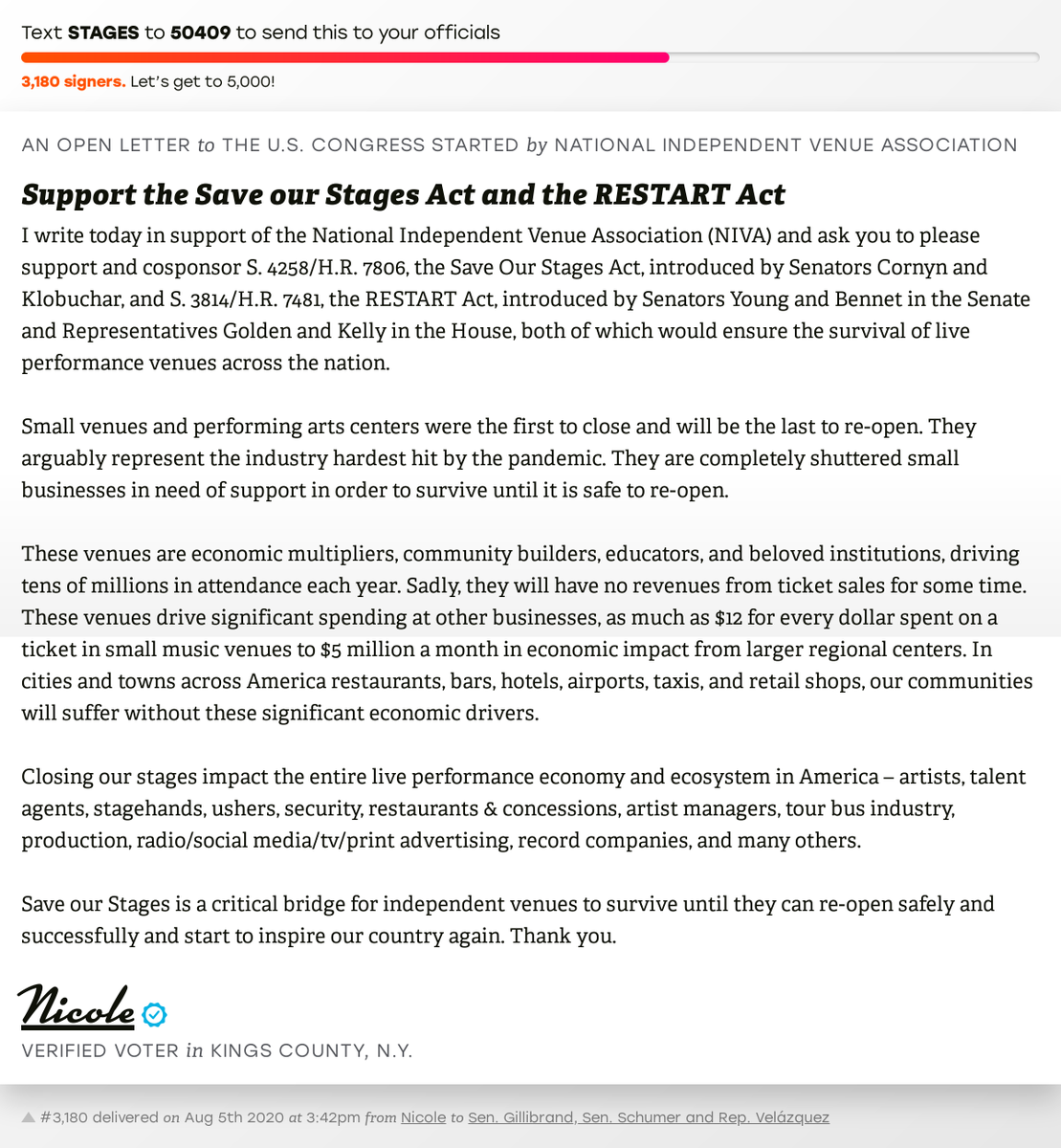 openletterbot's tweet photo. 🖋 Sign “Support the Save our Stages Act and the RESTART Act” and I’ll deliver a copy to your officials: https://t.co/cHCwB1jiSW

📨 No. 3,180 is from Nicole to @GillibrandNY, @SenSchumer and @NydiaVelazquez #NY07 #NYpolitics #NYpol #HR7806 https://t.co/39L4P6z3Co