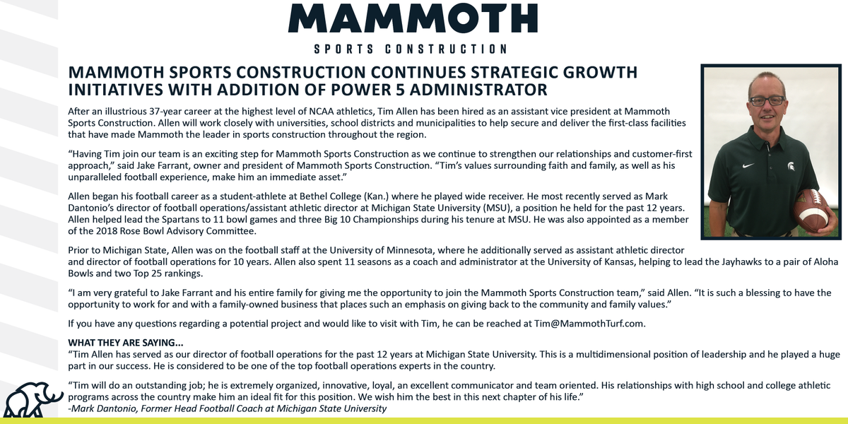 MAMMOTH NEWS!! Tim Allen has spent the last 37 years of his career at the highest level of NCAA athletics, &amp; now we are thrilled to welcome him to the @MammothTurf team! Check out the photo or visit mammothturf.com/wp-content/upl… for the details. <a href="/DantonioMark/">Mark Dantonio</a> <a href="/sportsinkansas/">Sports in Kansas</a> <a href="/bethelks/">Bethel College</a>